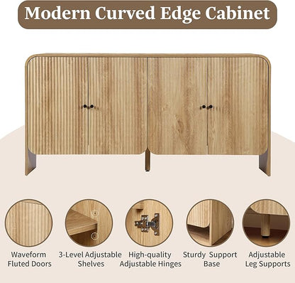 Fluted Sideboard Buffet Cabinet with Storage, 59'' Curved Buffet Cabinet with 4 Doors & Shleves, Modern Credenza Wood Coffee Bar Table Console for Dining Room Kitchen Living Room Entryway, Natural