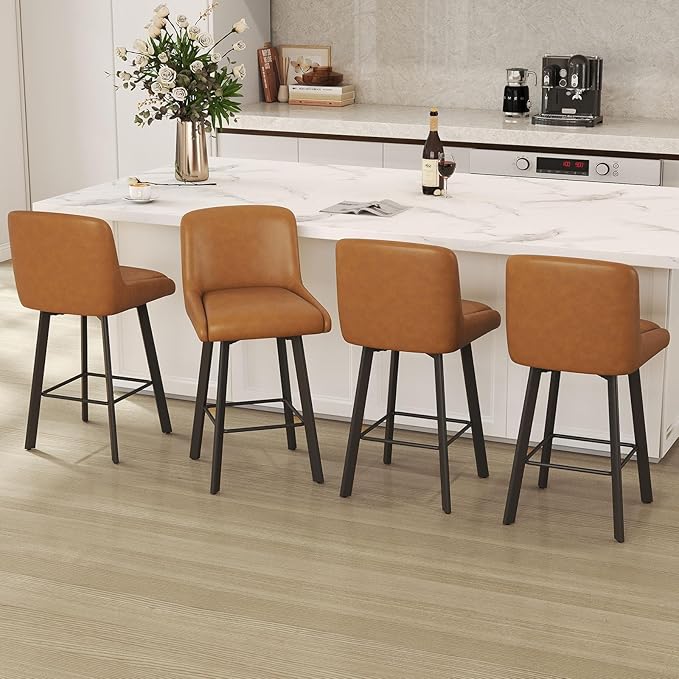 Swivel Counter Height Bar Stools Set of 6, 26''H Upholstered Barstools with Backs, Modern Bar Stool Chairs for Kitchen Island, Metal Legs, Faux Leather, Whiskey Brown Stools Counter Chair
