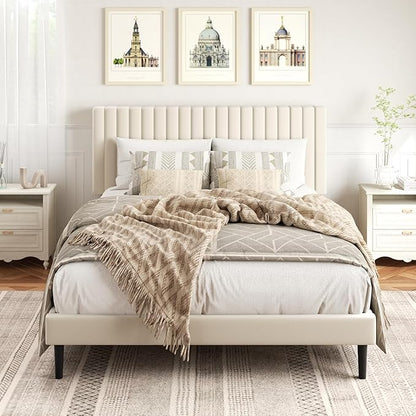 Full Size Platform Bed Frame with Velvet Upholstered Headboard, Full Bed Frame with Strong Wood Slats, Mattress Foundation, Box Spring Optional, Easy Assembly, Beige