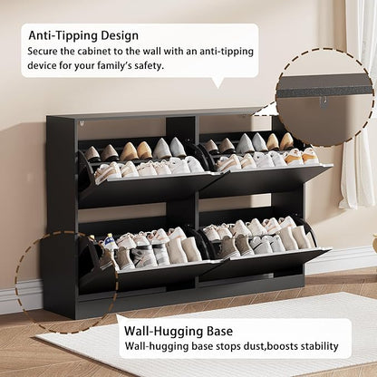 Shoe Storage Cabinet, Wood Shoe Organizer for Entryway with 4 Flip Drawers, Freestanding Shoe Rack with Adjustable Shelf, Narrow Shoe Dresser for Front Door Entrance(Black, 47.24" x 32.28" x 9.44")