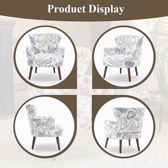 Floral Accent Chair, Upholstered Living Room Chairs with Solid Wood Legs, Mid Century Modern Velvet High Back Armchair for Living Room, Bedroom, Blue