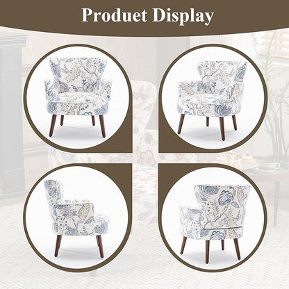 Floral Accent Chair, Upholstered Living Room Chairs with Solid Wood Legs, Mid Century Modern Velvet High Back Armchair for Living Room, Bedroom, Blue