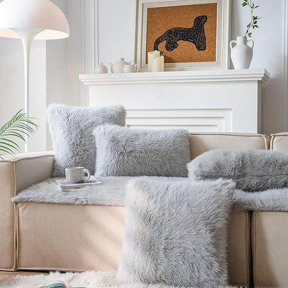Neelvin Light Grey Faux Fur Cozy Fluffy Double-Sided Decorative Throw Pillow Covers 12x20 inch Set of 2,Velvet Pillowcase Cushion Case for Sofa Couch