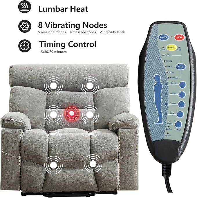 CANMOV Dual Motor Power Lift Recliner Chair for Elderly, 27" Extra-Wide Seat 450 lbs Weight Capacity Infinite Position Adjustment, with Heated Massage, Cup Holders and USB Port, Grey Fabric