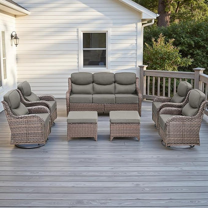 Rilyson Wicker Outdoor Patio Furniture Set - 7 Piece Patio Conversation Sets with Swivel Rocker Chairs, Ottomans and Sofa, 6 inch Cushions, Waterproof Wicker, for Porch Deck Brown/Grey