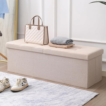 CUYOCA 45.3 Inches Ottoman Bench - Foldable Seat, Footrest, Shoe Bench, End of Bed Storage With Flipping Lid, 166L Space, Linen Fabric Emerald