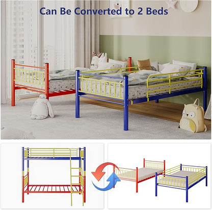 Metal Bunk Bed Twin Over Twin，Loft Bed with Removable Ladder and Full-Length Guardrail，Twin Bunk Beds Frame Heavy Duty Metal Slat Support for Adults, Kids and Young Teens