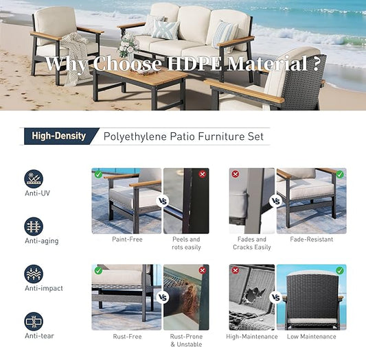 HDPE Outdoor Patio Furniture 3-Piece Set, All Weather Modern Patio Conversation Sets with Wood-grain Extended Table, Outdoor Patio Couch Set, Black Frame with Beige 4.7" Thick Cushions