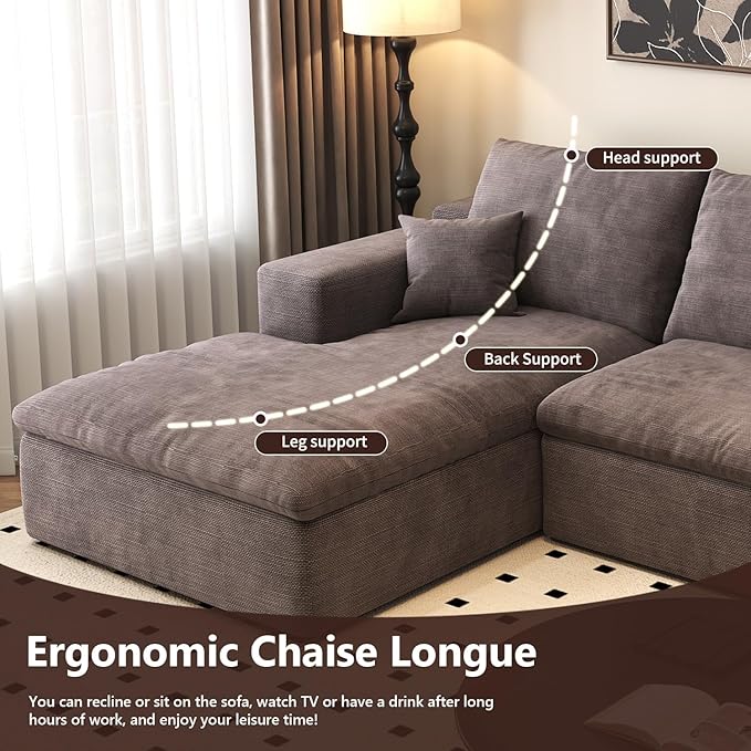 107'' U-Shaped Modern Modular Sectional Cloud Couch Whit Ottoman, 4-Seat Chenille Deep-Seat Sofa with Pillow for Living Room, Bedroom, Apartment, Camel