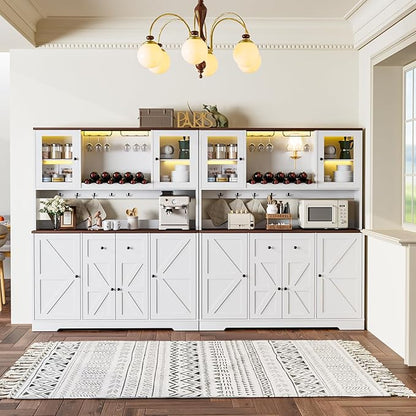 68" Tall Kitchen Pantry Storage Cabinet with Charging Station, 55" Wide Kitchen Hutch Cabinet with Large Countertop, Farmhouse Buffet Cabinet with Wine Holder & Wine Rack for Dining Room, White