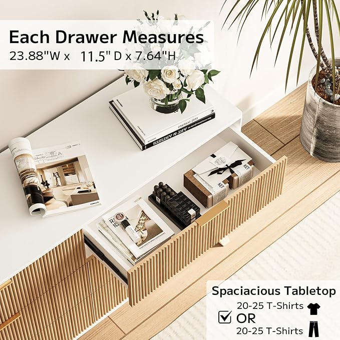 6 Drawer Dresser, 53.43 Inch Fluted Wood Double Dresser with Metal Handles Curved Design Wide Storage Organizer Cabinet Mid Century Modern Chest Dressers for Bedroom Living Room Entryway