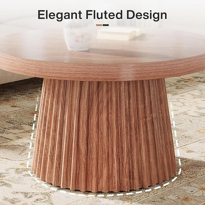 Tribesigns Coffee Table, 31.5" Small Farmhouse Round Coffee Tables with Fluted Drum Base, Mid Century Modern Farmhouse Accent Center Table for Living Room, Apartment, Small Space, Walnut