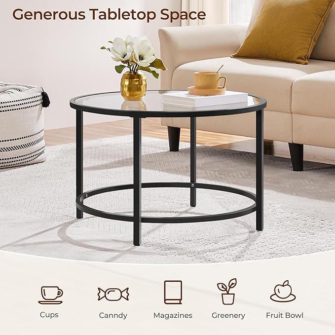 Yaheetech 27.6" Round Glass Coffee Table, Small Coffee Table for Living Room，Black Circle Coffee Tables Center Tables with Glass Top, Office & Apartment