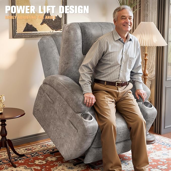 Flamaker Power Lift Recliner Chair Electric Lift Recliner for Elderly Power Lift Recliner Chair with Cup Holders Side Pockets for Living Room (Leathaire, Light Gray)