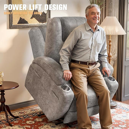 Flamaker Power Lift Recliner Chair Electric Lift Recliner for Elderly Power Lift Recliner Chair with Cup Holders Side Pockets for Living Room (Leathaire, Light Gray)