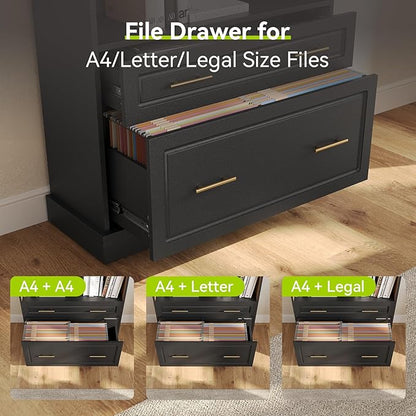 LITTLE TREE 72" Tall Black Bookcase, 5-Tier Office Bookself with File Cabinet Drawers,Modern Floor Standing Storage Filing Cabinet Book Shelf for Living Room,Bedroom(2 Piece,Black)
