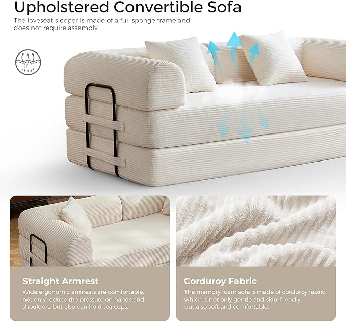 79" Convertible Sofa Bed with Fixed-Shape Frame & Removable Armrests, Modular Corduroy Sleeper Sofa, Folding Mattress Couch for Small Spaces - No Assembly Needed in Beige White (Includes 2 Pillows)