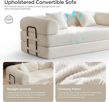 79" Convertible Sofa Bed with Fixed-Shape Frame & Removable Armrests, Modular Corduroy Sleeper Sofa, Folding Mattress Couch for Small Spaces - No Assembly Needed in Beige White (Includes 2 Pillows)