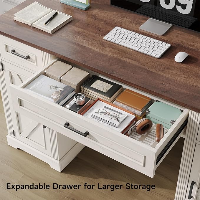 ONBRILL 55 inch Farmhouse Executive Desk with Drawers, Home Office Desk with File Cabinet, Outlets, Storage Cabinet, Keyboard Tray, Wood Computer Desk for Work Study Writing, Off White & Walnut