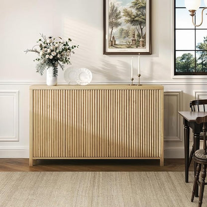 YOUDENOVA Fluted Buffet Cabinet with Storage Set of 2, Modern Sideboard Cabinets with 4 Doors & Adjustable Shelves, Accent Credenza Storage Cabinet, Wood Entryway Cabinet for Living Room, Natural