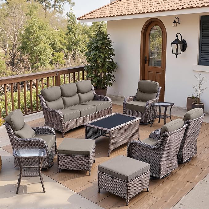Belord Luxury 6" Thick Cushioned 10 Pieces Patio Furniture Set with Outdoor Couch, Wicker Outdoor Conversation Set with High Back Swivel Rocker Chairs for Deck Porch Yard and Poolside - Brown+Grey