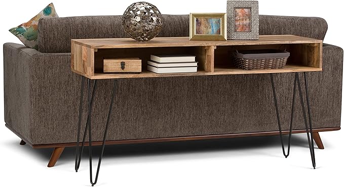 SIMPLIHOME Hunter Console Table - 55 Inch Wide Solid Mango Wood and Metal Sofa Table in Natural, Industrial Storage Table for Entryway or Living Room with 2 Open Cubbies and Black Hairpin Legs