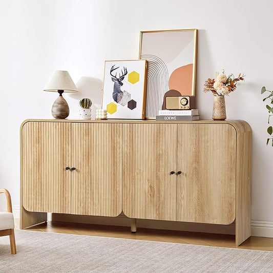 Fluted Sideboard Buffet Cabinet with Storage, 59'' Curved Buffet Cabinet with 4 Doors & Shleves, Modern Credenza Wood Coffee Bar Table Console for Dining Room Kitchen Living Room Entryway, Natural