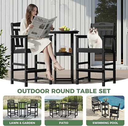 HDPE Outdoor Patio Tall Adirondack Bar Chairs Set of 2, All-Weather Bar Height Balcony Adirondack Stools for Bistro, Garden, Backyard, Pool, Deck | Matte Black