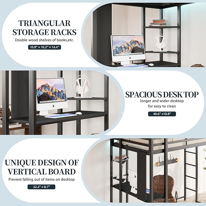 SUNLEI Metal Twin Loft Bed with Desk, Twin Size Loft Bed with 2 Built-in Ladders & Safety Guard, for Small Bedroom Noise Free, Charcoal Black