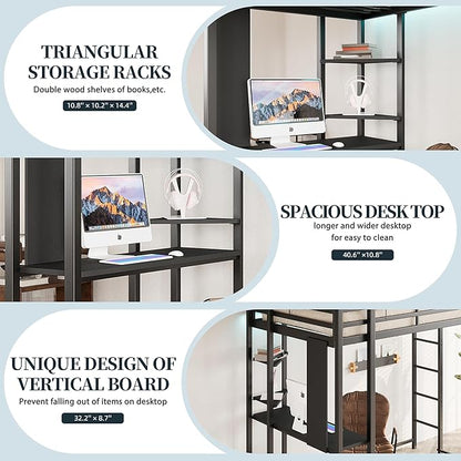 SUNLEI Metal Twin Loft Bed with Desk, Twin Size Loft Bed with 2 Built-in Ladders & Safety Guard, for Small Bedroom Noise Free, Charcoal Black