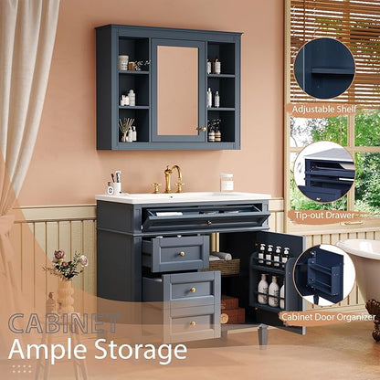 36" Bathroom Vanity with Matching Medicine Cabinet, Modern Sink Storage Cabinet with Drawers, Soft Closing Doors and Shelf, Bathroom Vanities with Sink & Mirror