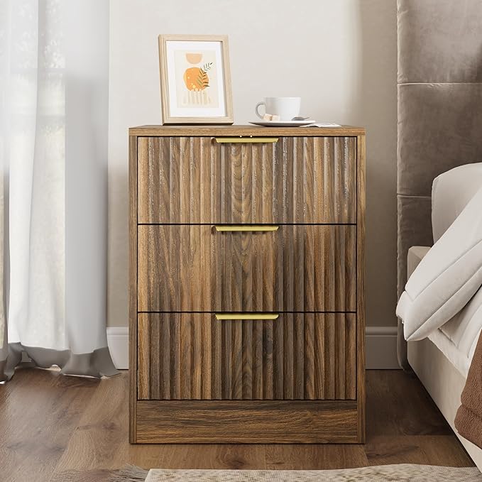 3-Piece Modern Bedroom Furniture Set, Wide 9-Drawer Dresser & 3-Drawer Nightstands Set of 2, Natural Wood Dresser and Nightstand Sets for Bedroom, Hallway, Walnut