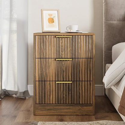 3-Piece Modern Bedroom Furniture Set, Wide 9-Drawer Dresser & 3-Drawer Nightstands Set of 2, Natural Wood Dresser and Nightstand Sets for Bedroom, Hallway, Walnut