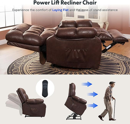 FLEXISPOT XL51 Dual OKIN Motor Power Lift Recliner Chair for Elderly, Lay Flat Sleeper Recliner with Massage & Heat, USB Ports, Faux Leather Reclining Sofa for Living Room Bedroom(Extra Large, Brown)