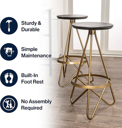 JONATHAN Y BSL1000C Spiroa 30" Modern Industrial Metal Backless Circular Bar Stool for Home, Kitchen, Dining Room, Workspaces, Cafes and Resturants, Black Seat with Gold Frame