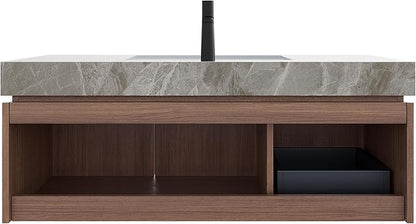 48 Inch Floating Bathroom Vanity with Sink Espresso, Wall-Mounted Farmhouse Bathroom Vanity with Drawer and Doors, Light Gray Sintered Stone Countertop and Ceramic Basin, Pre-Assembled