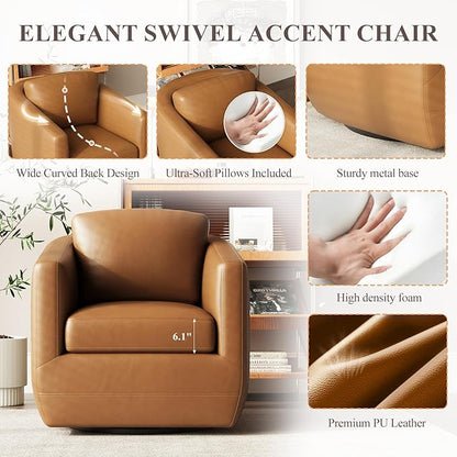 360° Comfy Swivel Accent Armchair with Pillow - Fully Assembled Living Room Single Sofa No-Sag Foam & Sturdy Metal Base, Swivel Accent Chair for Bedroom Living Room, Office, Brown