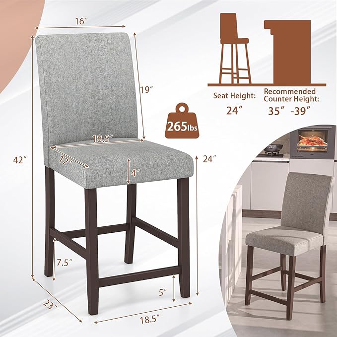 COSTWAY Counter Height Bar Stools Set of 2, 24'' Upholstered Mid Century Modern Island Chairs with Rubber Wood Legs, Wooden Barstools for Kitchen, Dining Room, Bar, Restaurant (Light Grey)