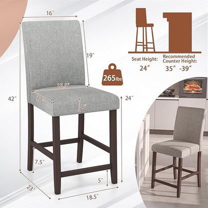 COSTWAY Counter Height Bar Stools Set of 4, 24'' Upholstered Mid Century Modern Island Chairs with Rubber Wood Legs, Wooden Barstools for Kitchen, Dining Room, Bar, Restaurant (Light Grey)