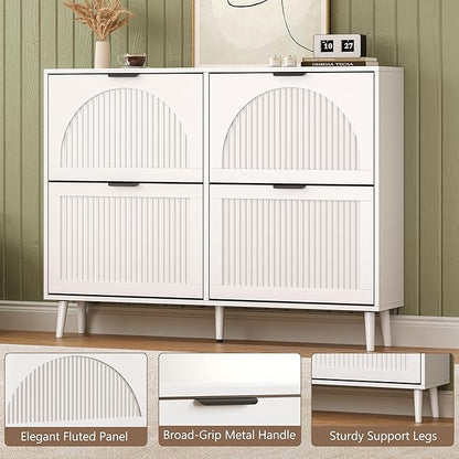 Shoe Cabinet for Entryway with 4 Flip Drawers, Slim Wooden Shoe Storage Organizer with Modern Fluted Pannel，Freestanding Narrow Hidden Shoe Rack for Hallway, Foyer, Living Room