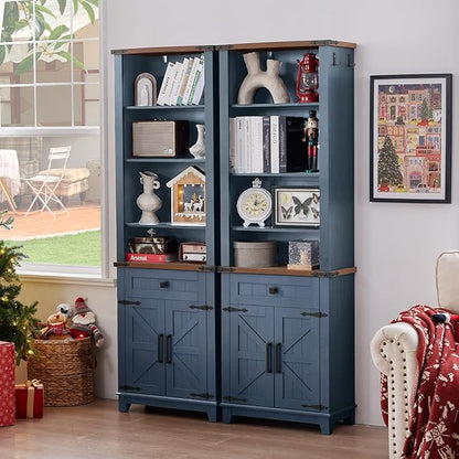 72in Tall Bookshelf 7 Tier Bookcase with Drawer and Barn Doors and Adjustable Shelves, Blue Farmhouse Book Shelf with Storage Cabinet, Wood Freestanding Display Bookshelves for Living Room