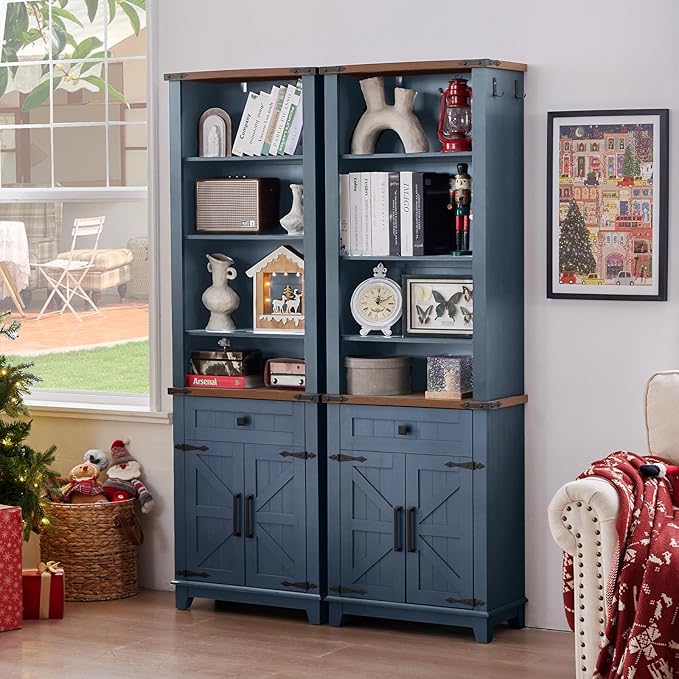72in Tall Bookshelf 7 Tier Bookcase with Drawer and Barn Doors and Adjustable Shelves, Blue Farmhouse Book Shelf with Storage Cabinet, Wood Freestanding Display Bookshelves for Kitchen (2PCS)