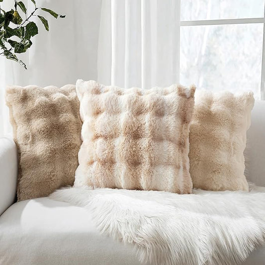 MIULEE Faux Fur Pillow Covers Thick Soft Plush Throw Pillows Luxury Home Decor for Couch Bed Bedroom Living Room Sofa,18x18 Inch Pack of 2 White-Beige