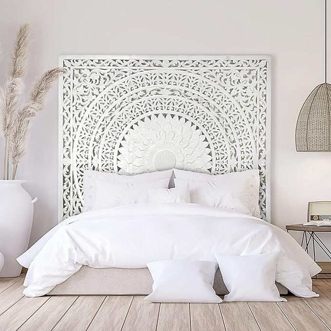 Wood Headboard Rustic | Carved Full Headboard Only | Wooden Headboard Full Size Bed | Wall Mount Headboard King or Queen | Full Bed Headboard Panels (Seruni White, California King)