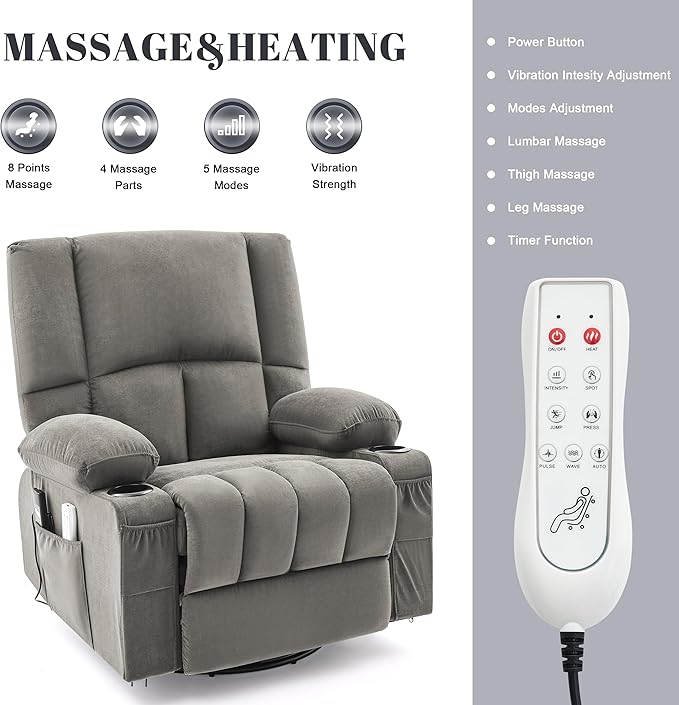 Oversized Recliner Chairs for Adults, 270° Swivel Rocking Recliner with Heat and Massage Lazy Boy Recliner,Recliner Chairs Single Sofa Seat with Cup Holders(Grey, Electric)