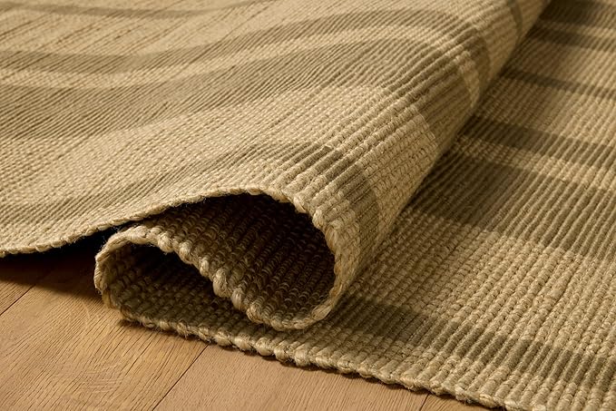 Loloi Leanne Ford Weatherstaff Collection WTS-03 Natural/Olive 2'-6" x 7'-6" Runner Rug Jute, Striped, Neutral, Hallway, Kitchen, Mudroom, and Bathroom