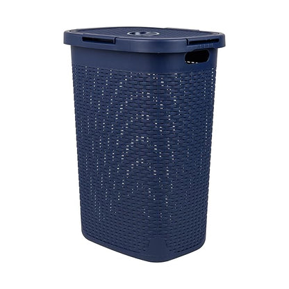Mind Reader Slim Laundry Hamper with Lid, 60L Clothes Basket, Premium Wicker Design, Plastic, Navy