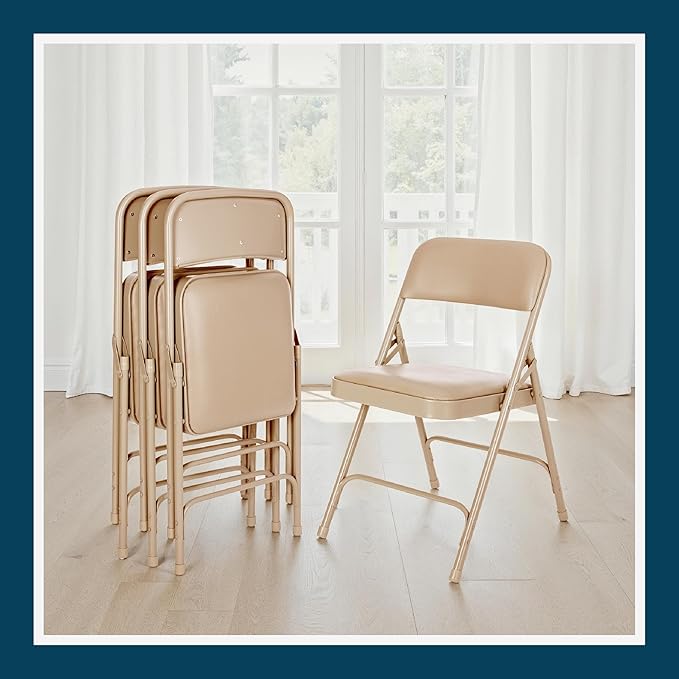 OEF Furnishings OEF1200 Series Premium Heavy Duty Vinyl Padded Folding Chairs, Commercial Grade 500 lb Capacity (4-Pack, French Beige)