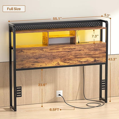 Unikito Headboard for Full Size Bed with Storage Shelf, Head Board with 3 Outlets and 2 USB Ports, Headboards with RGB LED Light, Height Adjustable, Sturdy and Stable, Easy Assembly, Rustic Brown
