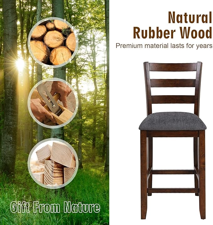 COSTWAY Set of 2 Counter Height Bar Stool, 25.5-Inch Upholstered Bar Stools with Solid Rubber Wood Frame, Foam-Padded Cushion, Footrest, Kitchen Chair for Bistro, Living Room, Grey and Brown